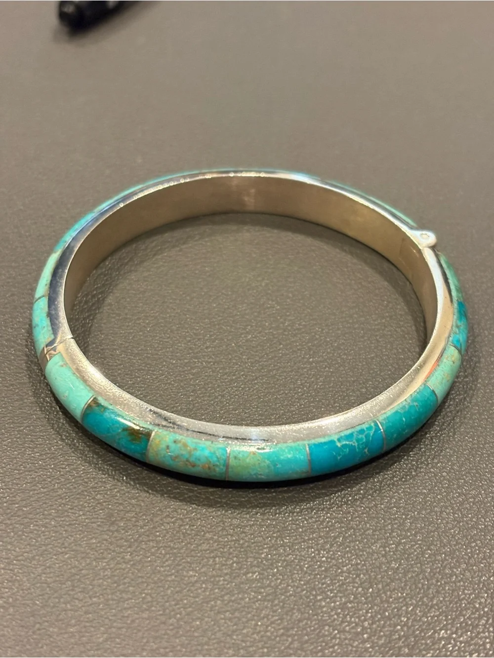 Turquoise Inlay Silver Hinged Bangle Bracelet - Blue Green